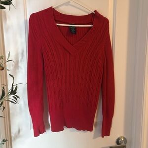 Red V-Neck Cable Knit Sweater
